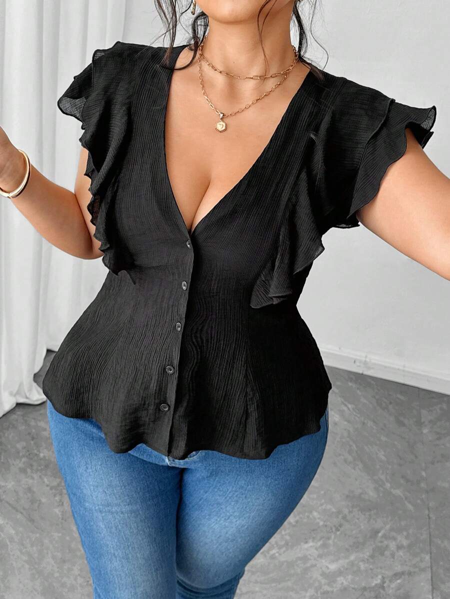 SHEIN Unity 加大码无袖荷叶边领性感优雅办公室女士甜美衬衫 - 黑色 - 查看 1