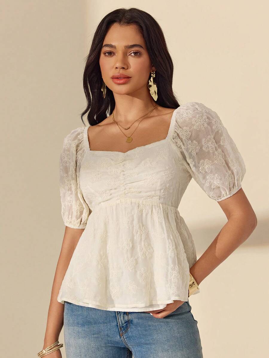 Almamuse Women Elegant Romantic Embroidered Short Sleeve Blouse - White - View 1
