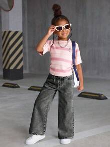 SHEIN Sparklyn 女童百搭时尚染蓝色直筒牛仔裤