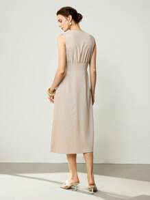 Uhlyne Vestito elegante in lino albicocca senza maniche con scollo a V, pieghe, aperto davanti, adatto per occasioni casual, sociali e di lavoro, da donna, per primavera ed estate