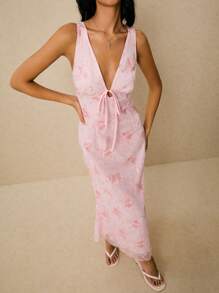 Poéselle Women's Dresses Net Embroidery Dress Pink Dress Romantic Vacation Tea Dress Vest Dress Women's Floral Embroidery Deep V-Neck Sleeveless Dress With Waist Tie Y2k Clothes Country Concert Outfit Old Money Streetwear Going Out Outfits Beach Vacation Outfits Party Outfit - Pink - View 4