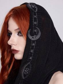 ROMWE EDITION Boho Goth Style Mystical Embroidered Hooded Cropped Tasseled Knitted Sweater For Women