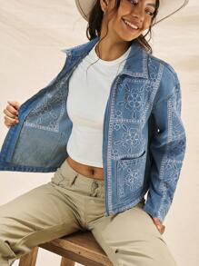 Easelle 女士休闲花卉刺绣牛仔夹克，适合春秋季 - 藍色 - 查看 7