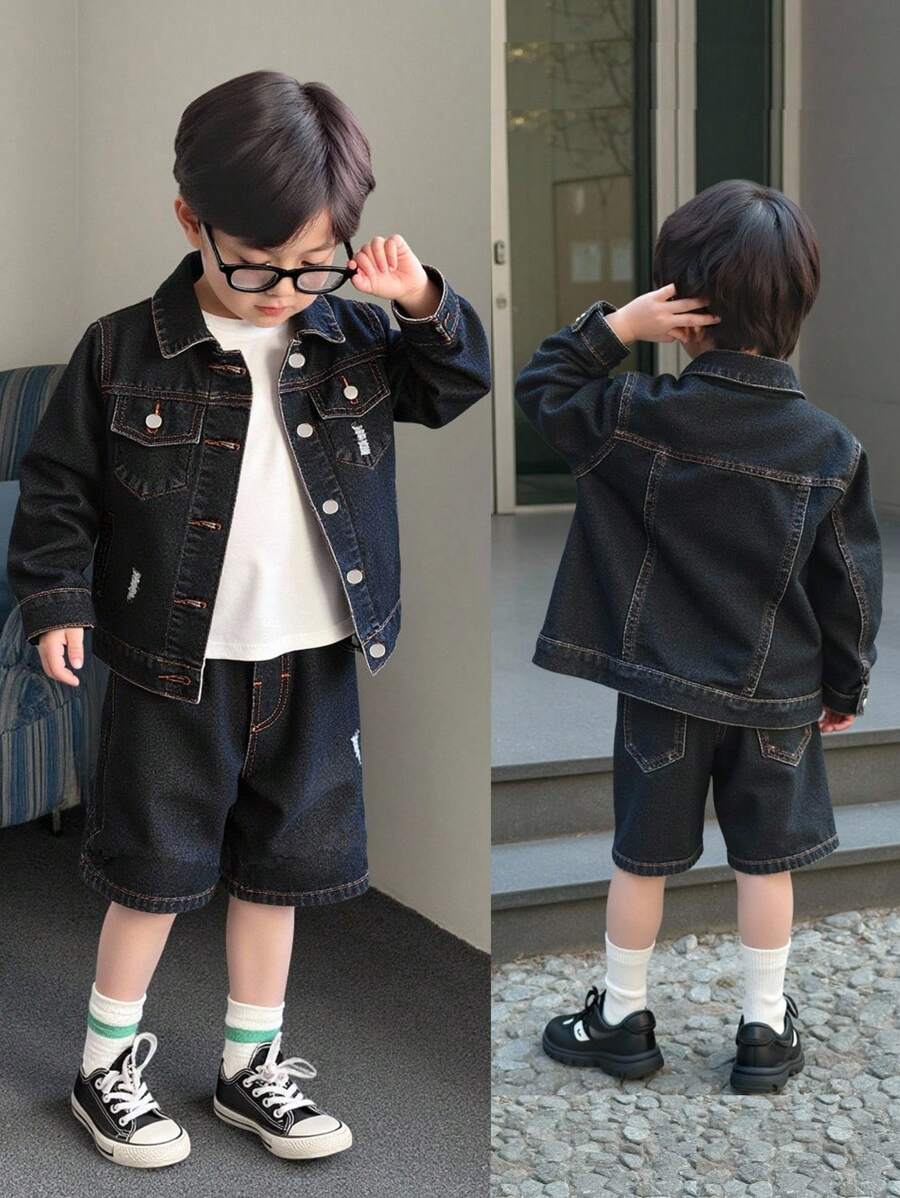 2件套男童黑色水洗牛仔长袖夹克和短裤休闲装