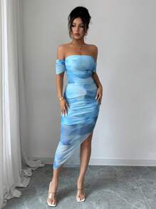 Selianne 女士优雅露肩扎染开衩修身连衣裙，秋季长款女装 - 淺藍色 - 查看 6