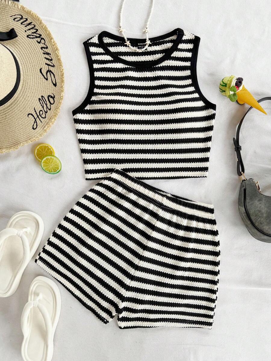 Soleia 2 件套女士度假红白针织纹理提花抹胸上衣，配蝴蝶结和松紧腰短裤 - 黑與白 - 查看 1