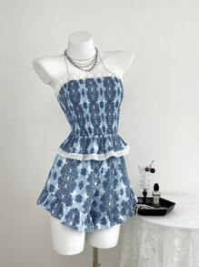 SHEIN Unity 2pcs Set Spring & Summer Casual Vacation Paisley Lace Patchwork Cropped Camisole Top And Shorts - Multicolor - View 1