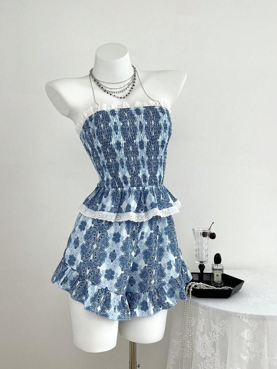 SHEIN Unity 2pcs Set Spring & Summer Casual Vacation Paisley Lace Patchwork Cropped Camisole Top And Shorts - Multicolor - View 1