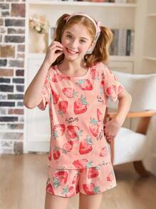 SHEIN 2件套草莓印花女童短袖短裤睡衣套装 - 彩色 - 查看 3