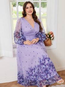 Modelyn New Luxury Elegant Maxi V-Neck Long Sleeve Dress With Voluminous Skirt