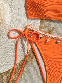 Swim Mod Bộ bikini hai mảnh mùa hè dành cho nữ, màu trơn, chất liệu vỏ sò, dây đeo trang trí, kiểu buộc cổ, làm thủ công, số lượng vỏ sò ngẫu nhiên. - Màu Cam cháy - Xem 4