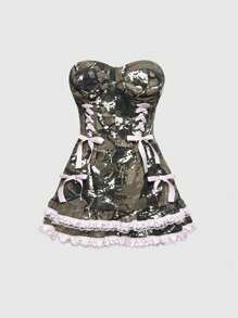 ROMWE J-Fashion 女式夏季时尚撞色蕾丝蝴蝶结装饰抹胸牛仔连衣裙 - 軍綠色 - 查看 1