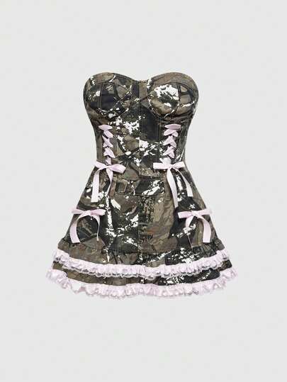 J-Fashion Women's Summer Fashion Contrast Lace Bow Decor Tube Top Denim Dress