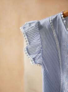 Elaquor Áo sơ mi tay lỡ in họa tiết sọc lãng mạn thời trang cỡ lớn cho nữ - Màu xanh lam - Xem 4