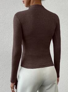 EURMUSE Women's Minimalist Solid Color Slim Fit Mock Neck Ribbed Knitted Sweater - Redwood - View 2