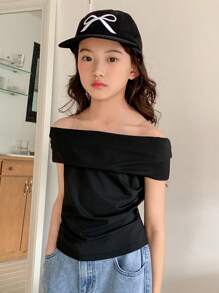 Dazy Kids 青少年女孩露肩修身短袖 T 恤，夏季，返校服装 - 黑色 - 查看 6