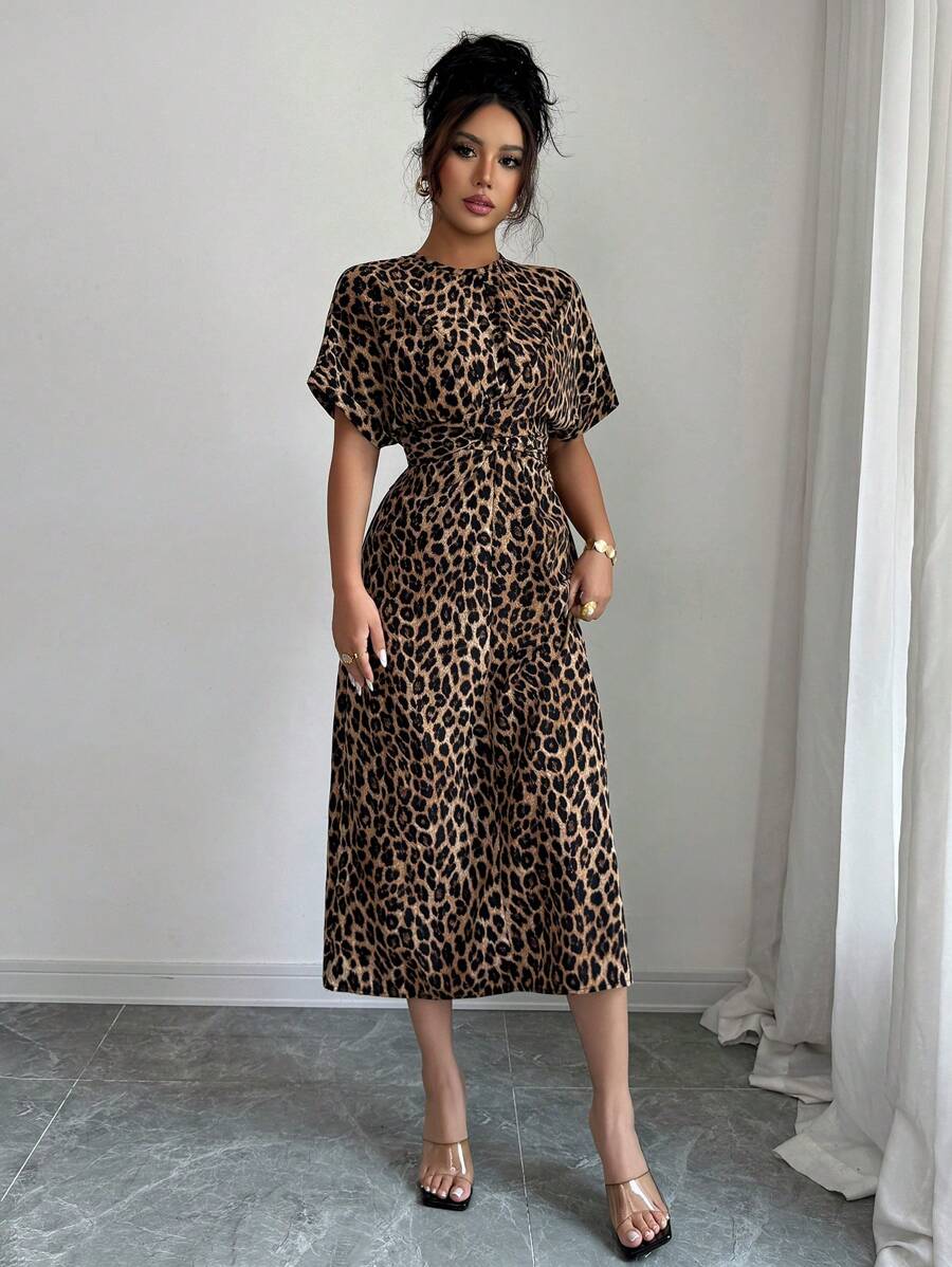 Elenzga Women's Round Neck Raglan Sleeve Waist Tie Cinched Waist Elegant Design Back To School Teacher's Day Thanksgiving Outfit Halloween Street Style Maxi Leopard Print Dress - Khaki - View 1