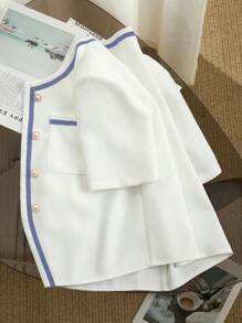 SHEIN Clasi Áo khoác mỏng cổ tròn tay ngắn đơn hàng khuy cho nữ - Xanh và trắng - Xem 6