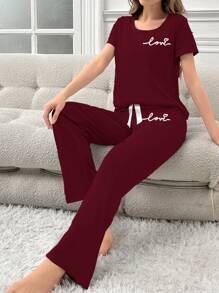 女士字母印花短袖上衣和裤子睡衣套装 - 紅色 - 查看 5