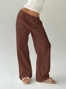 Easelle Women's Casual Coffee Brown Cotton Washed Straight Leg Pants - Coffee Brown - View 4