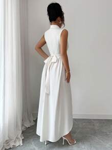 Lyxana Sleeveless V-Neck Collared Waisted Bodycon Split Hem Elegant Minimalist Dress For Women - Apricot - View 2