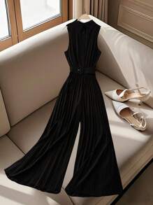 DreamSkyne Plus Size Women's Solid Color Collared Pleated Sleeveless Wide Leg Jumpsuit, Summer - Black - View 1