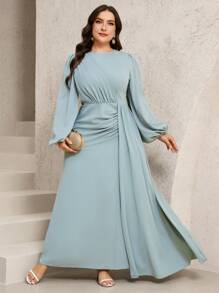 Veilorie Plus Size Women Elegant Simple Solid Color Lantern Sleeve Draped Front Waisted Dress - Green - View 1