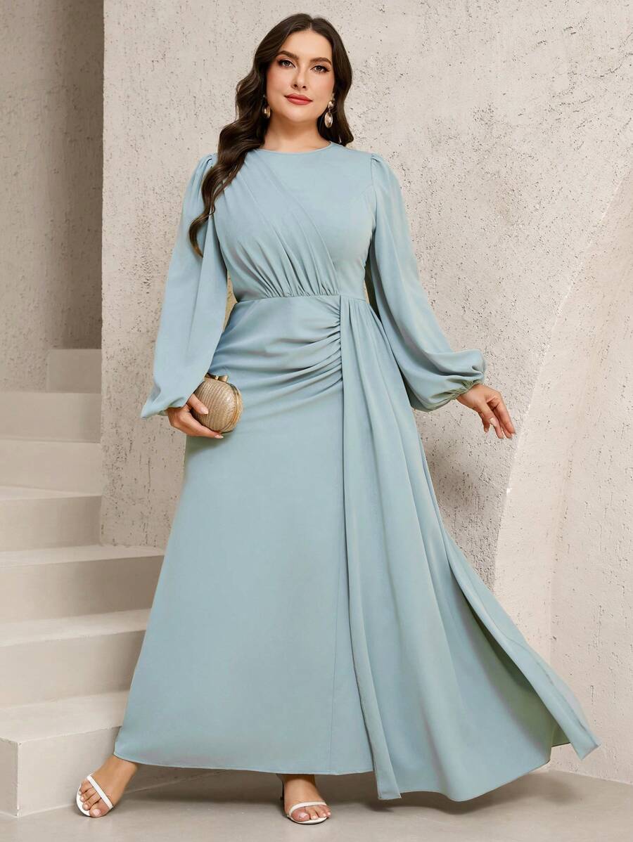 Veilorie Plus Size Women Elegant Simple Solid Color Lantern Sleeve Draped Front Waisted Dress - Green - View 1