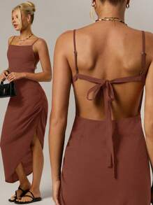 SHEIN Forever 21 Casual Black Open Back Spaghetti Strap High Slit Dress For Beach, Date, Holiday, Spring - Brown - View 1