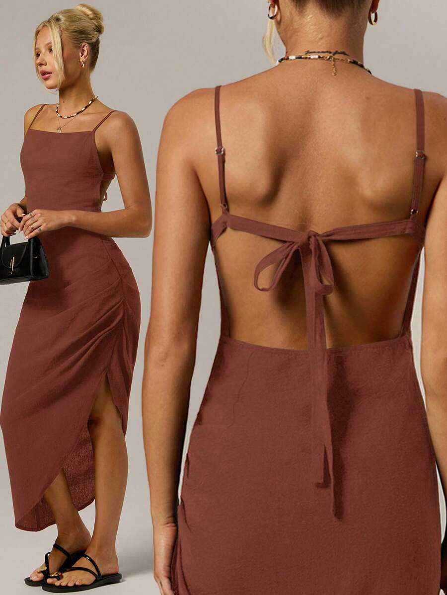 SHEIN Forever 21 Casual Black Open Back Spaghetti Strap High Slit Dress For Beach, Date, Holiday, Spring - Brown - View 1