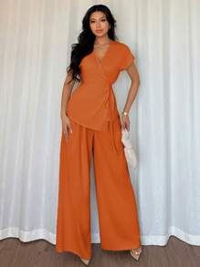 Elenzga Bộ 2 món áo cánh dơi tay ngắn boho thanh lịch dành cho nữ + quần ống rộng dáng rộng cho chuyến đi chơi mùa hè, hẹn hò, nghỉ dưỡng, màu mơ - trái cam - Xem 3