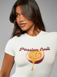 MISSGUIDED Passion Fruit Graphic Baby Tee Summer Crop Top Festival Vacation Beachwear Y2K Retro Fitted Short Sleeve Tshirt