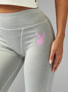Missguided x Playboy 高腰高性能紧身裤，四向弹力，瑜伽跑步，Power Flex，健身，时尚运动休闲裤，带标志印花 - 灰色 - 查看 6