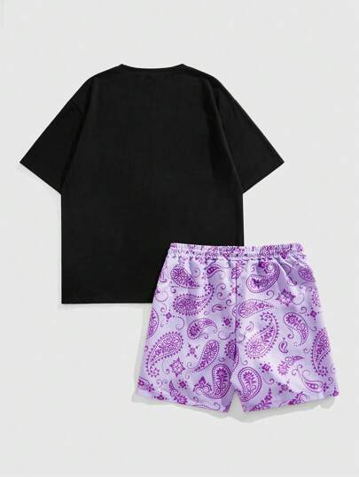 Street Life Summer Casual Letter Print T-Shirt And Skull Handprint Shorts Set