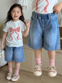 SHEIN Young Girl'Blue Loose 3/4 Jeans Spring And Summer Casual Vacation Country Boho Wear Fall Winter - Light Wash - View 1