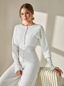CLARA VERO Structured Corsman Yarn Knit Cardigan With Ruffled Button-Up Front And Ribbed Waist In Winter White White Button Down Sweater,Cardigans For Women,Long Cardigans Woman,Petite Cardigans,Cardigans - White - View 2