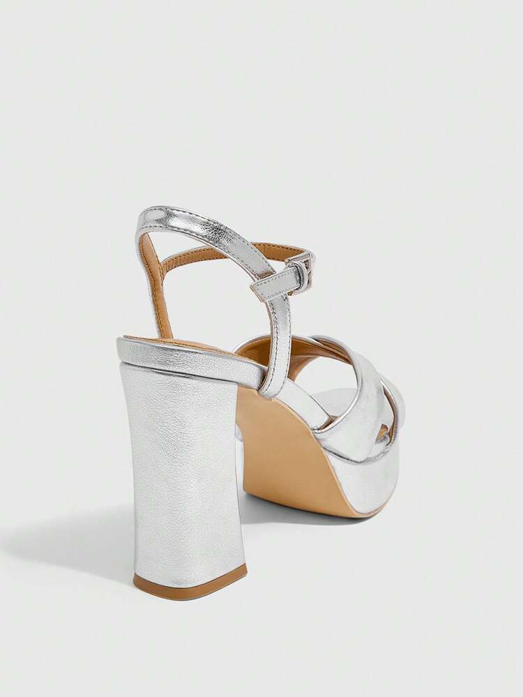 CUCCOO SZL Silver Pointed Toe Chunky Heel Mid-Heel Elegant Versatile Casual Simple Comfortable Slip-On High Heels Sandals, Suitable For Office, Commute, Date, Party, Wedding For Christmas Spring Shoes Prom Heels Summer Shoes