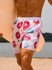 Surfspeed Men's Casual Vacation Beach Printed Drawstring Swim Shorts, Suitable For Summer - White - View 3