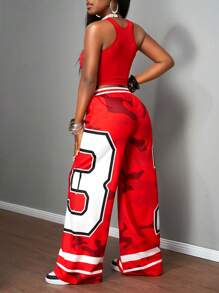 Slaydiva Women's 2 Pieces Outfit Red And White Summer Grunge Birthday Sports Style Round Neck I-Shaped Vest Slogan Letter Print Wide-Leg Pants Set - Red - View 2