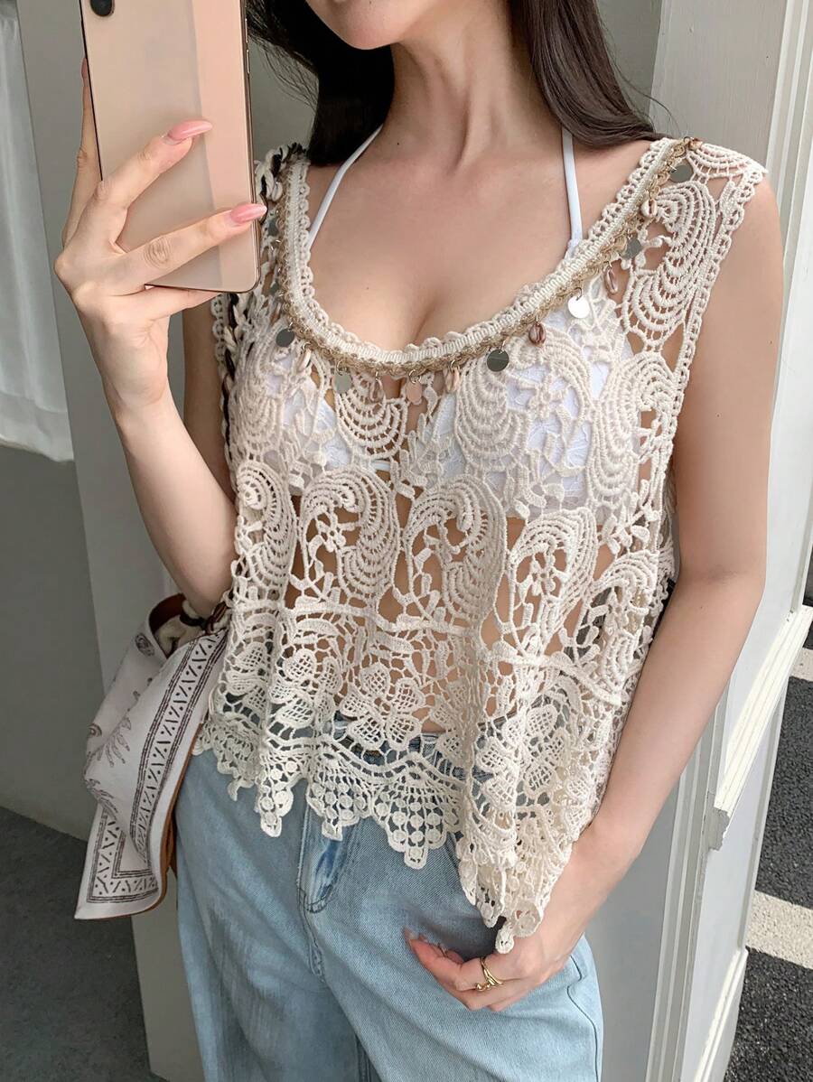 Celisse ملابس علوية علوي كروشيه مجوف بسيط، موضة الربيع والصيف - لون مشمشي - مشاهدة 1