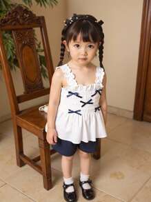 Young Girl Summer Fashion Bow Decor Camisole & Shorts Set - White - View 1