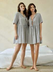 Ocili Leisure Natural Linen Front-Tie 3/4 Sleeve Plus Size Nightgown - Baby Blue - View 2