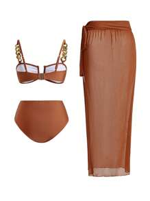 Swim Oasis Women Solid Color Metal Chain Detailed Split Bikini Set Set With Twist Front Skirt