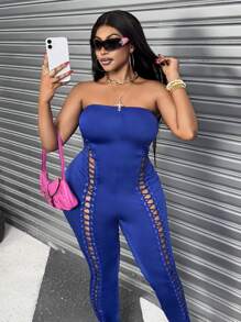 Maweii Plus Size Women Self-Tie Sexy Solid Color Strapless Fitted Jumpsuit - Blue - View 4