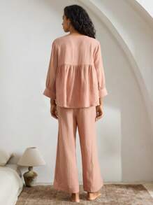 Ocili Leisure Women's Comfortable Cotton Soft Gauze Mid-Sleeve Top & Pants Lounge Set With Front Tie, Sleepwear Holiday Season Outfit, Fall Winter Clothes - Dusty Pink - View 3