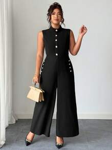 Elenzga Mono elegante de mujer de Elenzga Plus con cuello alto, botones decorativos y sin mangas, unicolor