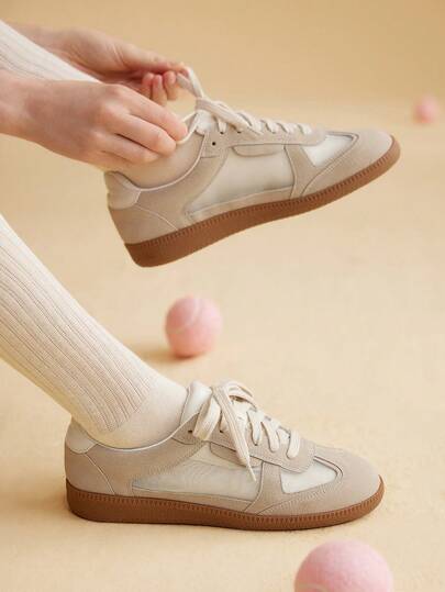 CUCCOO EASI Women's Breathable Hollow Design Round Toe Flat Sneakers, Comfortable Casual Grey & White Mesh Fabric Sports Shoes For Daily Wear