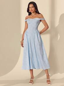 Almamuse Women's Elegant Jacquard Off Shoulder Long Dress - Blue - View 4