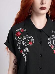 ROMWE Goth Blusa de mujer con bordado de estilo gótico de serpiente y flores