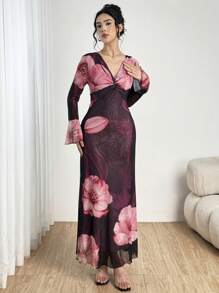 Modelyn 1 件套 V 领喇叭袖浪漫修身连衣裙，适合女士，春夏季 - 粉色 - 查看 4